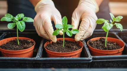 Gardening action planting seedlings indoors hands in soil natural environment close-up view