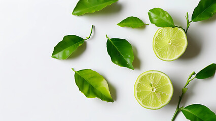 Flat lay of fresh lime slices and green leaves on a white background.  Concept of healthy food, summer refreshment, and natural ingredients.