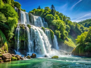 Fototapeta premium Majestic waterfall cascades down lush mountains, a pristine river flows beneath clear skies.