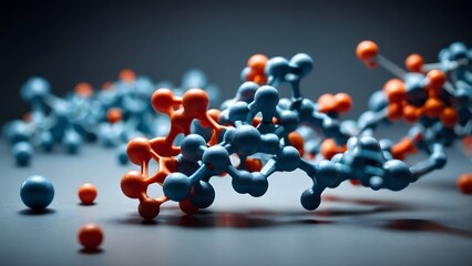 Colorful Molecular Structure Representation With Blue and Orange Atoms on Dark Background