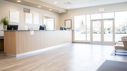 Obraz premium Modern Medical Office Reception: A sleek and inviting reception area with a contemporary wood-paneled desk, comfortable seating, and large windows, creating a welcoming and professional atmosphere. 