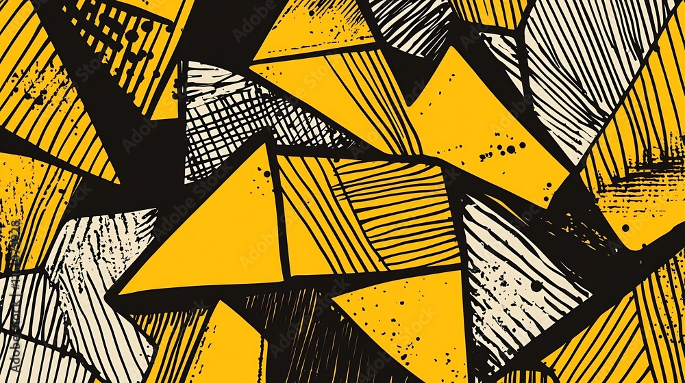 Poster yellow triangles, varied patterns.