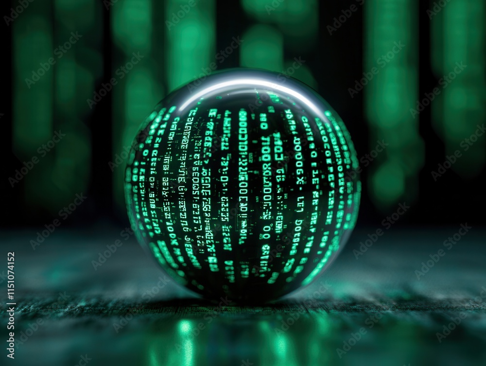 Poster digital sphere of green code futuristic data visualization abstract concept dark environment close-u