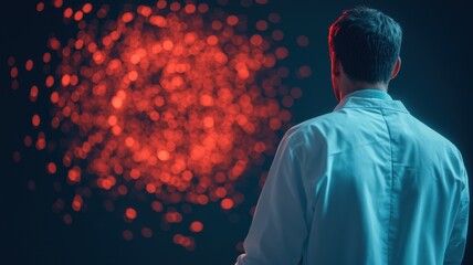 Scientific research breakthrough laboratory visual data analysis dark environment rear view innovative concepts