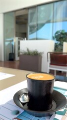 Coffee latte served in black ceramic cup on table, surrounded by coffee shop decor, greenery, modern style, and serene vibes. Cozy coffee shop atmosphere with warm light and contemporary design.