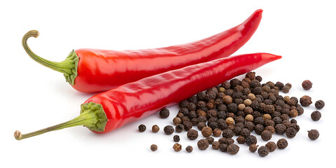 fresh red chilli pepper and black pepper isolated