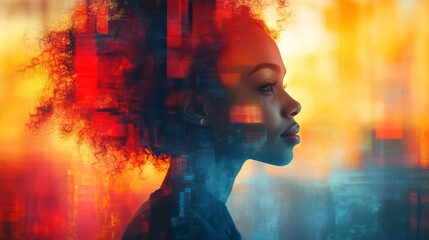 digital collage of woman with curly hair, showcasing vibrant colors and abstract patterns. image conveys sense of creativity and collaboration in modern context