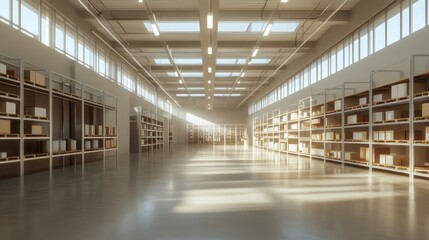 Fototapeta premium A clean, well-lit warehouse with spacious aisles and labeled sections for different categories of goods