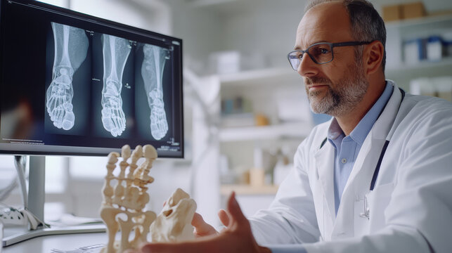doctor demonstrating foot anatomy with model and X ray images. professional setting highlights importance of understanding foot health