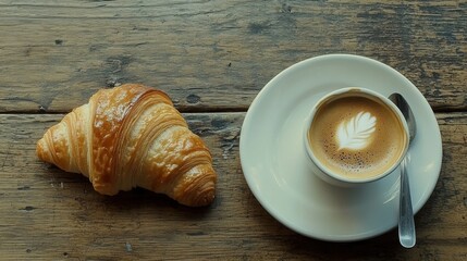 Fresh Croissant and Coffee with Beautiful Latte Art on Wooden Table