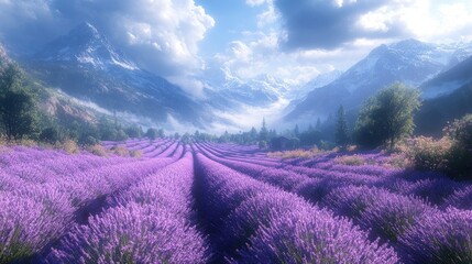 Obraz premium Lavender fields nestled in a misty mountain valley.