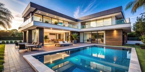 Fototapeta premium Luxurious modern home with a spacious pool and stylish patio , luxury, modern, home, pool, patio, design