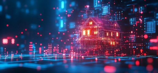 A digital representation of a house amidst a network of data points.