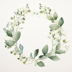 Elegant Eucalyptus Wreath with Gold Circle, Watercolor eucalyptus wreath featuring delicate green leaves and gold accents arranged in a circular frame, perfect for elegant designs.

