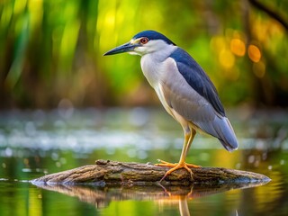 Fototapeta premium Black-crowned Night Heron Hunting, Pondside Perch
