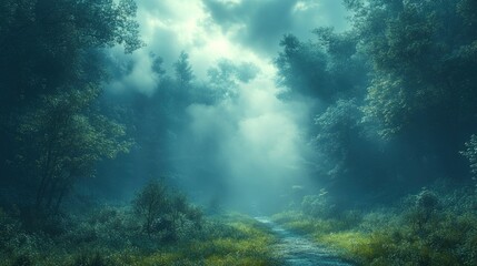 Fototapeta premium Misty forest path, ethereal, serene, green.