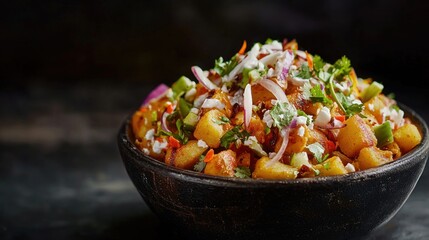 Photorealistic Side View of Aloo Chaat in a Black Bowl with Fresh Ingredients and Vibrant Colors