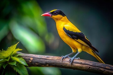 Fototapeta premium Black-naped Oriole, Low Light, Bird on Tree, Yellow Bird, Night Photography, Wildlife, Nature, AI Art, Photorealistic, Detailed, Realistic, Feathered, Sharp Focus, Silhouette, Dramatic Lighting, 