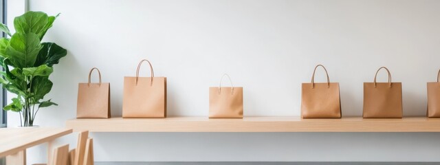 Minimalist Display of Brown Paper Shopping Bags on a Wooden Shelf with a Lush Green Plant in a Boutique Style Storefront Environment