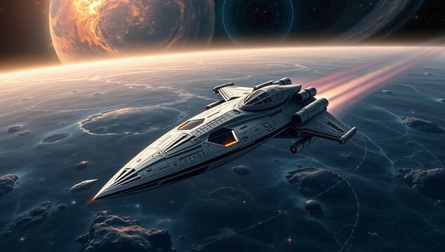 cinematic cosmic landscape with sleek starfighter