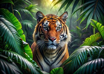 Fototapeta premium Black Tiger in Jungle, Wildlife Photography, Tropical Forest, Dense Vegetation, Ferocious Beauty, Predator, Nature, Wild, Majestic, Stunning, Photorealistic, AI Art, Food Styling, Food Phot