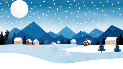 A winter landscape under a bright blue sky, showcasing a gradient from light blue to slightly deeper blue. A large full moon or planetary body shines. Small white snowflakes and dots across the sky