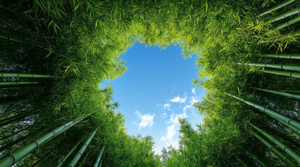 a lush bamboo forest, the towering green stalks bending inward to form a circular portal to the bright blue sky.