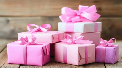 Obraz premium Cute Pink Gift Boxes with Ribbons on Wooden Background Decor