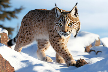 Fototapeta premium Majestic Lynx Walking Through a Snowy Landscape Under Clear Blue Sky