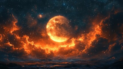Fiery orange moon, starlit sky, fiery clouds.