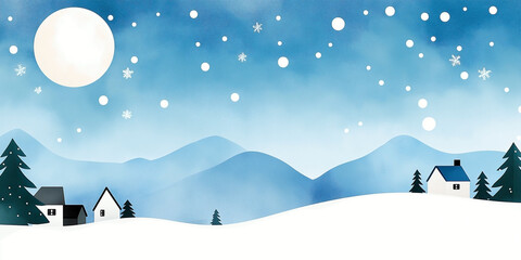 Obraz premium A winter landscape under a bright blue sky, showcasing a gradient from light blue to slightly deeper blue. A large full moon or planetary body shines. Small white snowflakes and dots across the sky