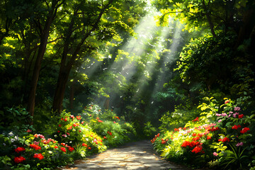 Obraz premium Lush Green Forest Pathway with Colorful Flowers and Sunlight Streaming Through Tree Canopy