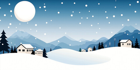 A winter landscape under a bright blue sky, showcasing a gradient from light blue to slightly deeper blue. A large full moon or planetary body shines. Small white snowflakes and dots across the sky