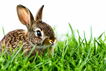 Fototapeta premium Cute and Playful Rabbit Sitting in Lush Green Grass Outdoors with Bright White Background