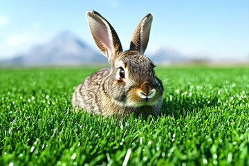 Fototapeta premium Cute furry rabbit resting on vibrant green grass in a sunny meadow with a blurred mountain backdrop and clear blue sky