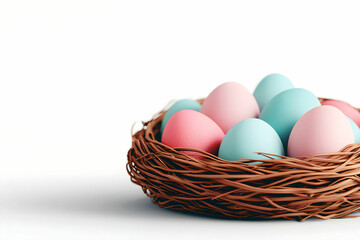 Colorful Easter Eggs in a Woven Basket Nest on a White Background for Spring Festivities and Celebrations