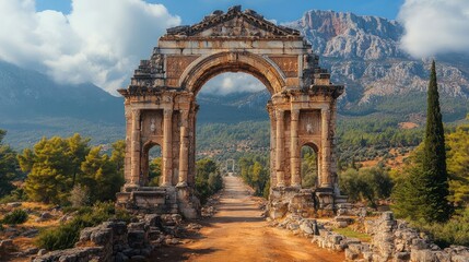 Fototapeta premium Ancient stone archway, road, mountain backdrop.