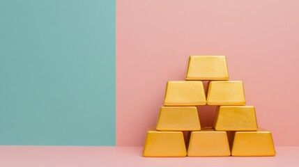 Gold Bars Stacked on Pink and Blue Background for Financial Imagery