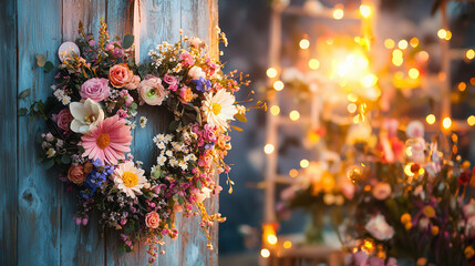 Fototapeta premium heart shaped wreath made of fresh flowers hangs on rustic wall, surrounded by soft bokeh lights, creating warm and inviting atmosphere