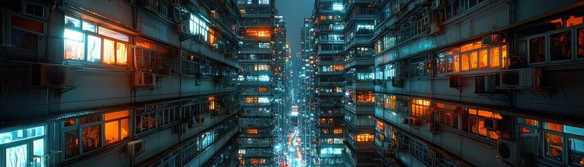 A stunning view of city buildings illuminated at night.