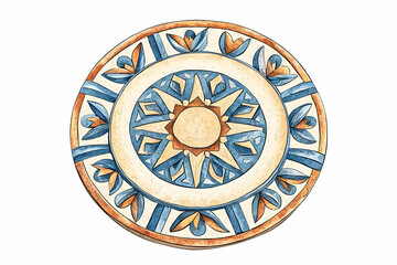 Ornate Ceramic Plate with Intricate Floral and Geometric Patterns in Blue and Orange Tones