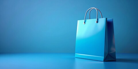 Blue Shopping Bag Mockup, 3D Rendering, Blue Background, Copy Space