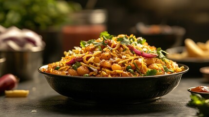 Photorealistic Side View of Delicious Bhelpuri with Garnish, Fresh Vegetables, and Spices on Table
