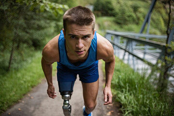 Young man with a prosthetic leg jogging on a trail, showcasing strength and resilience