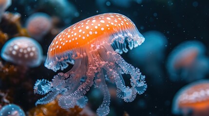 Orange jellyfish, white spots, underwater.