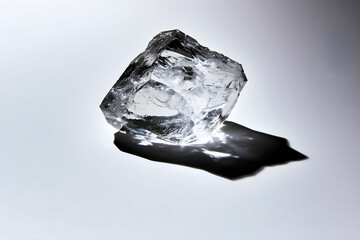 Clear Ice Crystal on White Background with Subtle Shadow and Sparkling Highlights in Natural Light