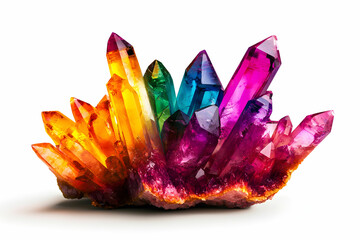 Multicolored Rainbow Crystal Cluster with Vibrant Gemstones Glimmering Under Light Isolated on White Background