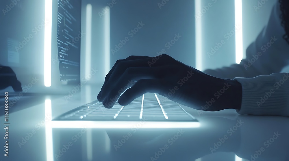 Poster hands type on glowing keyboard.