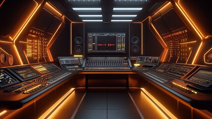A modern audio production studio with advanced equipment and lighting.