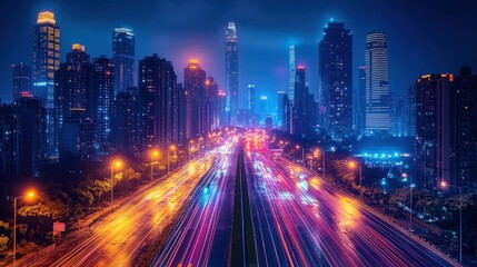 Fototapeta premium Night city highway, skyscrapers, vibrant light trails.